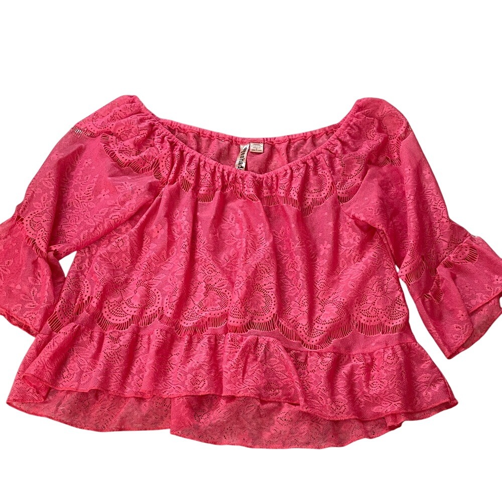 Eyeshadow Pink Floral Lace Off The Shoulder Bell Sleeve Ruffle Blouse IJ9573GXZ